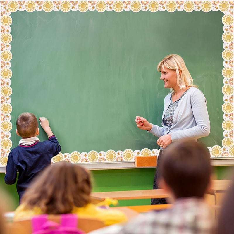 BeYumi Boho Sun Border Trim - 65ft Back to School Boho Sun Scalloped Rolled Border Trim Pastel Watercolor Bulletin Board Set Classroom Office Chalkboard Kindergarten Elementary Home Party Decoration - Image 3